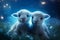 Blue lantern casts celestial glow on two adorable lambs