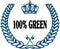 Blue laurels seal with 100 PERCENT GREEN text.