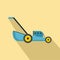 Blue lawn mower icon, flat style