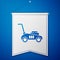 Blue Lawn mower icon isolated on blue background. Lawn mower cutting grass. White pennant template. Vector