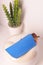 blue leather eyeglass case closeup photo on white wall background