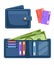 Blue leather wallet with cards and cash. Opened and closed wallet. Pockets for credit cards and paper money. Flat 