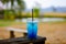 Blue lemon soda on wood table.