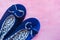 Blue leopard slippers on a fluffy pink carpet. Home women`s or children`s clothing. The concept of home warmth and comfort.