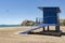 Blue lifeguard station at bolnuevo beach, alicante, spain, closed and no people on the beach
