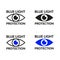 Blue light protection eye icons set. Eyes protection symbols collection