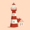 Blue lighthouse. Cartoon vector illustration. Searchlight tower