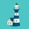 Blue lighthouse. Cartoon vector illustration. Searchlight tower