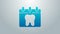 Blue line Calendar with tooth icon isolated on grey background. International Dentist Day, March 6. March holiday