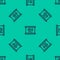 Blue line Canned fish icon isolated seamless pattern on green background. Vector