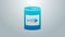 Blue line Canned food for cat icon isolated on grey background. Fish skeleton sign. Food for animals. Pet dog food can