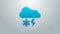 Blue line Cloud with snow and lightning icon isolated on grey background. Cloud with snowflakes. Single weather icon