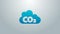 Blue line CO2 emissions in cloud icon isolated on grey background. Carbon dioxide formula, smog pollution concept