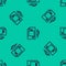 Blue line Contract money and pen icon isolated seamless pattern on green background. Banking document dollar file
