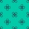 Blue line Crossed bandage plaster icon isolated seamless pattern on green background. Medical plaster, adhesive bandage