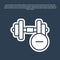 Blue line Dumbbell icon isolated on blue background. Muscle lifting, fitness barbell, sports equipment. Vector