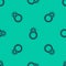 Blue line Fantasy magic stone ring with gem icon isolated seamless pattern on green background. Vector Illustration.