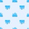 Blue line Fishing boat on water icon isolated seamless pattern on grey background. Vector