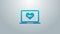 Blue line Laptop computer with 18 plus content heart icon isolated on grey background. Age restriction symbol. 18 plus