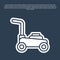 Blue line Lawn mower icon isolated on blue background. Lawn mower cutting grass. Vector
