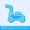 Blue line Lawn mower icon isolated on grey background. Lawn mower cutting grass. Vector