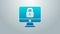 Blue line Lock on computer monitor screen icon isolated on grey background. Security, safety, protection concept. Safe