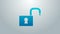 Blue line Open padlock icon isolated on grey background. Opened lock sign. Cyber security concept. Digital data