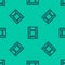 Blue line Play Video icon isolated seamless pattern on green background. Film strip sign. Vector