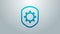 Blue line Shield with settings gear icon isolated on grey background. Adjusting, service, maintenance, repair, fixing