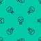 Blue line Skull icon isolated seamless pattern on green background. Happy Halloween party. Vector Illustration.