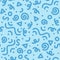 Blue line squiggle doodle seamless pattern in memphis style, abstract vector illustration