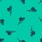 Blue line Syringe and virus icon isolated seamless pattern on green background. Syringe for vaccine, vaccination