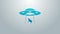 Blue line UFO abducts cow icon isolated on grey background. Flying saucer. Alien space ship. Futuristic unknown flying