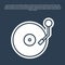 Blue line Vinyl player with a vinyl disk icon isolated on blue background. Vector