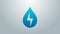 Blue line Water energy icon isolated on grey background. Ecology concept with water droplet. Alternative energy concept