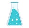 Blue liquid in clear Erlenmeyer flask with bubbles. Laboratory glassware with chemical solution, simple flat design