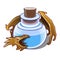 Blue liquid in the vial is guarded by a dragon isolated on white background. Vector cartoon close-up illustration.