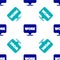 Blue Location with text work icon isolated seamless pattern on white background. Vector