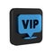 Blue Location Vip icon isolated on transparent background. Black square button.