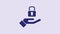 Blue Lock in hand icon isolated on purple background. Padlock sign. Security, safety, protection, privacy concept. 4K