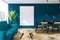 Blue loft dining room interior, sofa, poster