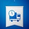 Blue Logistics delivery truck and time icon isolated on blue background. Delivery time icon. White pennant template