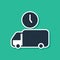 Blue Logistics delivery truck and time icon isolated on green background. Delivery time icon. Vector