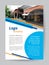 Blue logo A4 brochure template. Orange line and circle cyan textbox on white background. One side flyer layout demo text.