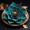 Blue lotus flower on golden plate, with intricate foliage