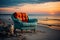 Blue lounge chair on the beach at sunset, best summer image