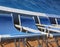 Blue loungers lined up on the edge of a swimming pool