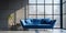 Blue loveseat sofa against of large grid window. Minimalist interior design of modern living room