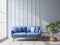 Blue loveseat sofa against of large grid window. Minimalist interior design of modern living room