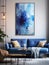 Blue loveseat sofa and big poster on the wall. Interior design of modern living room